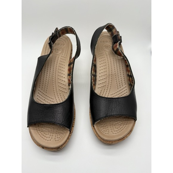 Crocs A-Leigh Black Leather Slingback Cork Wedge Sandals Size W8 - Picture 1 of 8
